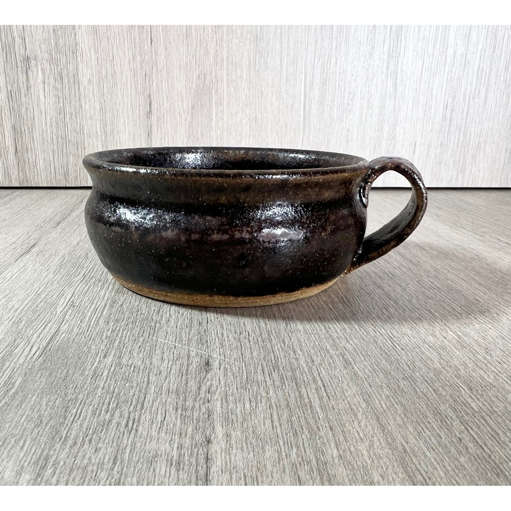 Roscoe Village Studio Pottery Handled Soup Bowl Brown Glaze Signed